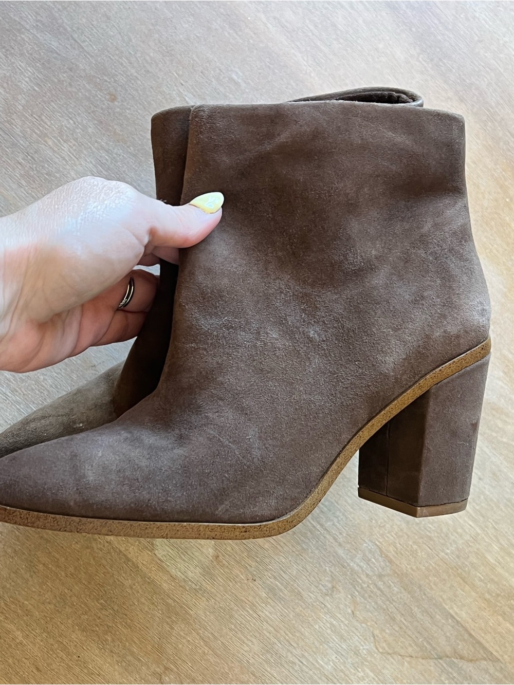 1. State Chocolate Brown Suede Block Heel Ankle Boots